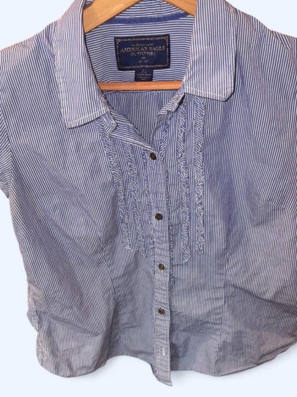 American Eagle Outfitters Navy & White Striped Casual Button-Up